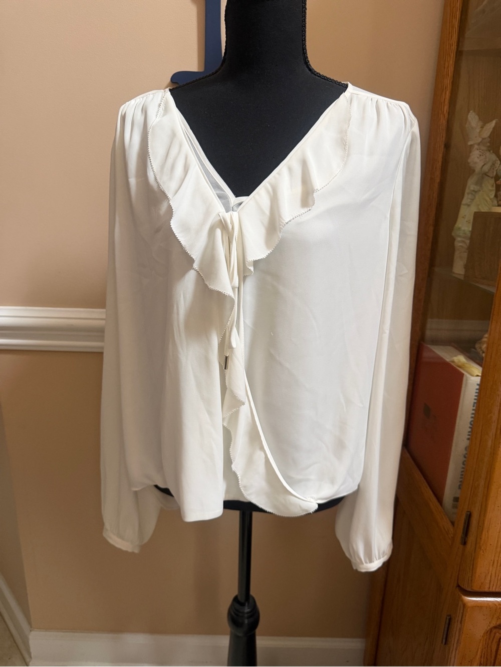 White House Black Market Cream Ruffle Tie-Front Blouse